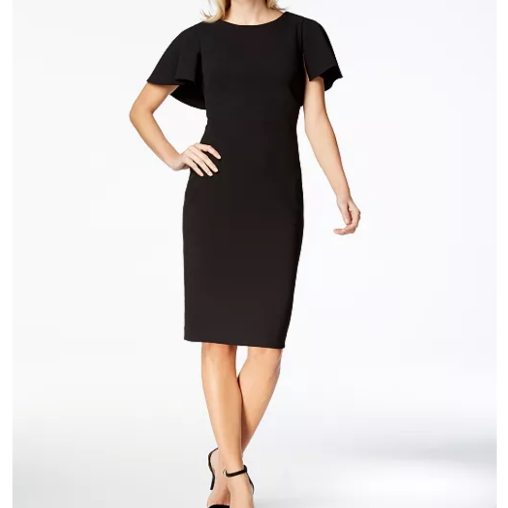 Calvin Klein Solid Flutter-Sleeve V-Back Cape Sheath Dress